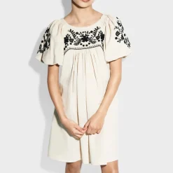 Fashion Girls` Embroidred Floral Linen Mix Dress Kids Dresses
