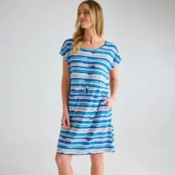 Clearance Ladies Blue Distressed Stripe Cap Sleeve Printed Dress Women Dresses | Dresses