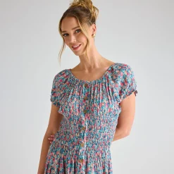New Ladies Blue Multi Leaf Crinkle Gathered Dress Women Dresses | Dresses