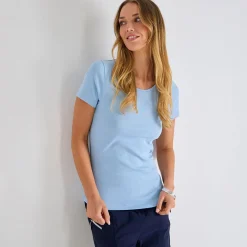 Fashion Ladies Chambray Blue Crew Neck T-Shirt Women Basics | T-Shirts