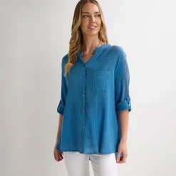Best Ladies Deep Sea Crinkle Button Through Shirt Women Shirts & Blouses