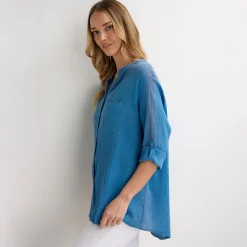 Best Ladies Deep Sea Crinkle Button Through Shirt Women Shirts & Blouses