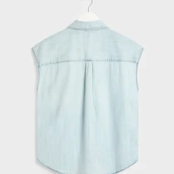 Sale Ladies Denim Blue Tencel Sleeveless Shirt Women Shirts & Blouses