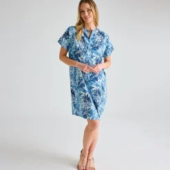 Hot Ladies Denim Mix Linen Printed Pocket Dress Women Linen | Dresses