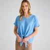 Hot Ladies Denim Plisse Tie Front Top Women Plissé | Plissé