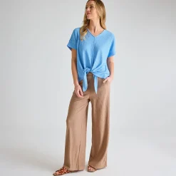 Hot Ladies Denim Plisse Tie Front Top Women Plissé | Plissé
