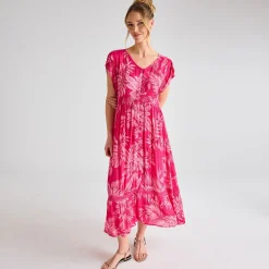 Best Ladies Fuschia Print V Neck Crinkle Dress Women Dresses | Dresses