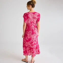 Best Ladies Fuschia Print V Neck Crinkle Dress Women Dresses | Dresses