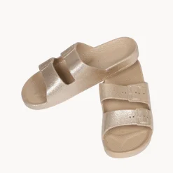Outlet Ladies Gold Glitter 2 Buckle Slider Women Footwear