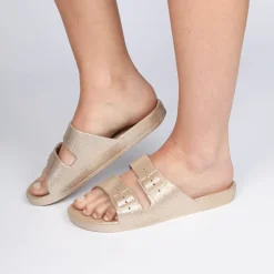 Outlet Ladies Gold Glitter 2 Buckle Slider Women Footwear