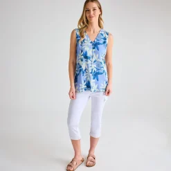 Discount Ladies Hydrangea Palm Printed V-neck T-shirt Women Tops