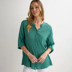 Discount Ladies Jade Crinkle Button Through Shirt Women Shirts & Blouses