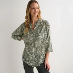 Online Ladies Khaki/White Leaf Printed Crinkle Shirt Women Shirts & Blouses
