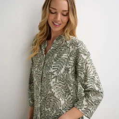 Online Ladies Khaki/White Leaf Printed Crinkle Shirt Women Shirts & Blouses