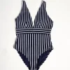 Hot Ladies Navy And White Stripe Swimsuit Women Swimwear