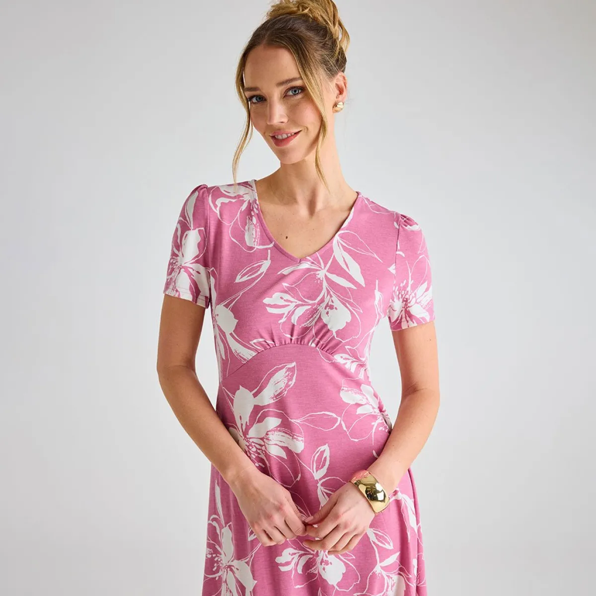 New Ladies Giant Floral V-Neck Printed Dress Women Dresses | Dresses
