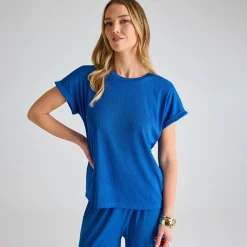 Fashion Ladies Royal Blue Ribbed Plisse Top Women Plissé | Plissé