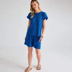 Fashion Ladies Royal Blue Ribbed Plisse Top Women Plissé | Plissé