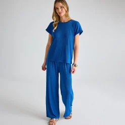 Fashion Ladies Royal Blue Ribbed Plisse Top Women Plissé | Plissé