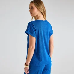 Fashion Ladies Royal Blue Ribbed Plisse Top Women Plissé | Plissé