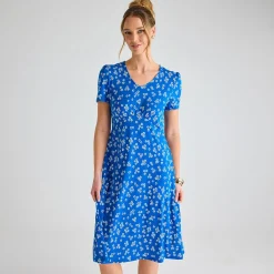 Clearance Ladies Royal Ditsy Floral V-Neck Printed Dress Women Dresses | Dresses
