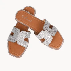 Outlet Ladies Silver Diamonte Slider Women Footwear