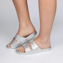 Fashion Ladies Silver Glitter 2 Buckle Slider Women Footwear