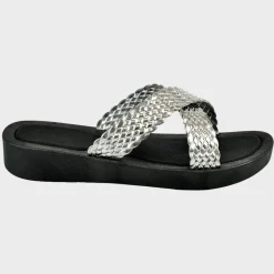 Best Ladies Silver Plaited Crossover Strap Slider Women Footwear