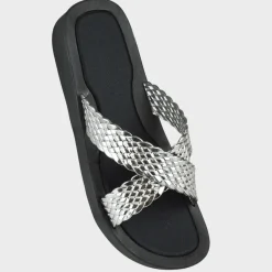 Best Ladies Silver Plaited Crossover Strap Slider Women Footwear