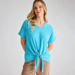 Discount Ladies Turquoise Plisse Tie Front Top Women Plissé | Plissé