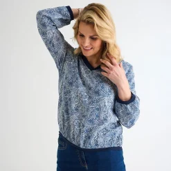 Hot Ladies V Neck Printed Contrast Top Women Longsleeves | Tops