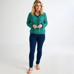 Best Ladies V Neck Printed Contrast Top Women Longsleeves | Tops