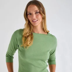 Hot Ladies Watercress 3/4 Sleeve Slash Neck Top Women Basics | Longsleeves