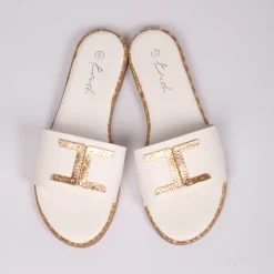 Fashion Ladies White Gold Trim Slider Women Footwear