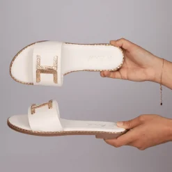 Fashion Ladies White Gold Trim Slider Women Footwear