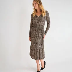 Sale Ladies Zebra Monochrome V Neck Button Dress Women Dresses | Dresses