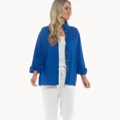 Online Relaxed Fit Blue Linen Blend Shirt Women Linen | Tops