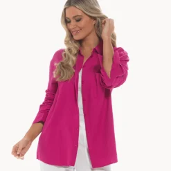 New Relaxed Fit Raspberry Linen Blend Shirt Women Linen | Tops